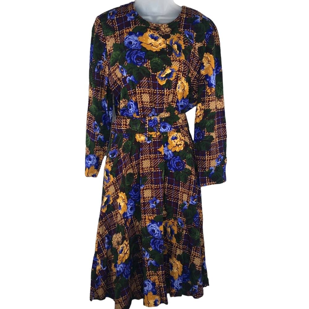 Vintage Bedford Fair Belted Floral Plaid Dress